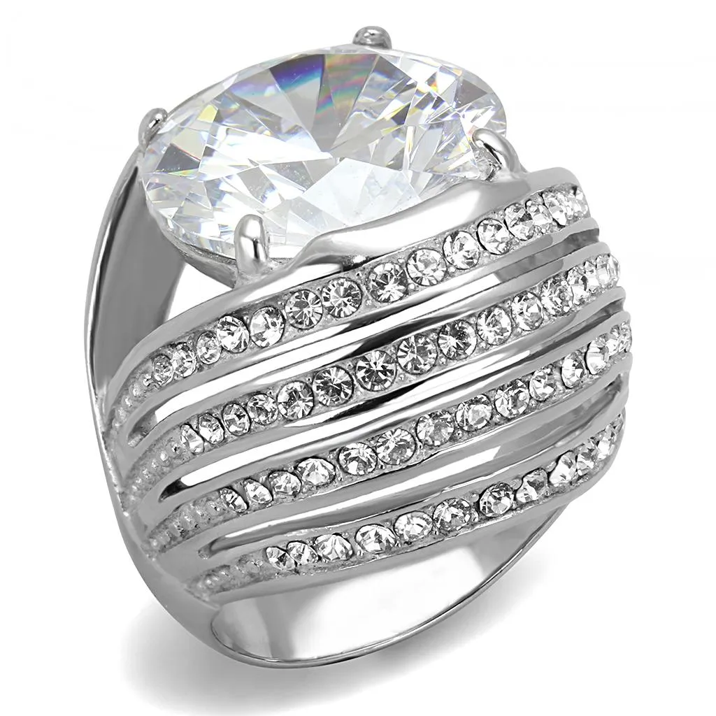High polished (no plating) Stainless Steel Ring with AAA Grade CZ in Clear for Women Style TK3263