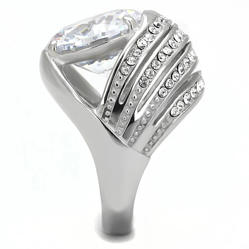 High polished (no plating) Stainless Steel Ring with AAA Grade CZ in Clear for Women Style TK3263