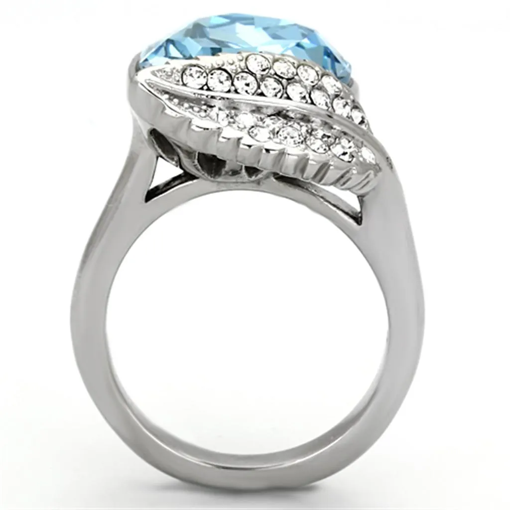 High polished (no plating) Stainless Steel Ring with Top Grade Crystal in Sea Blue for Women Style TK930