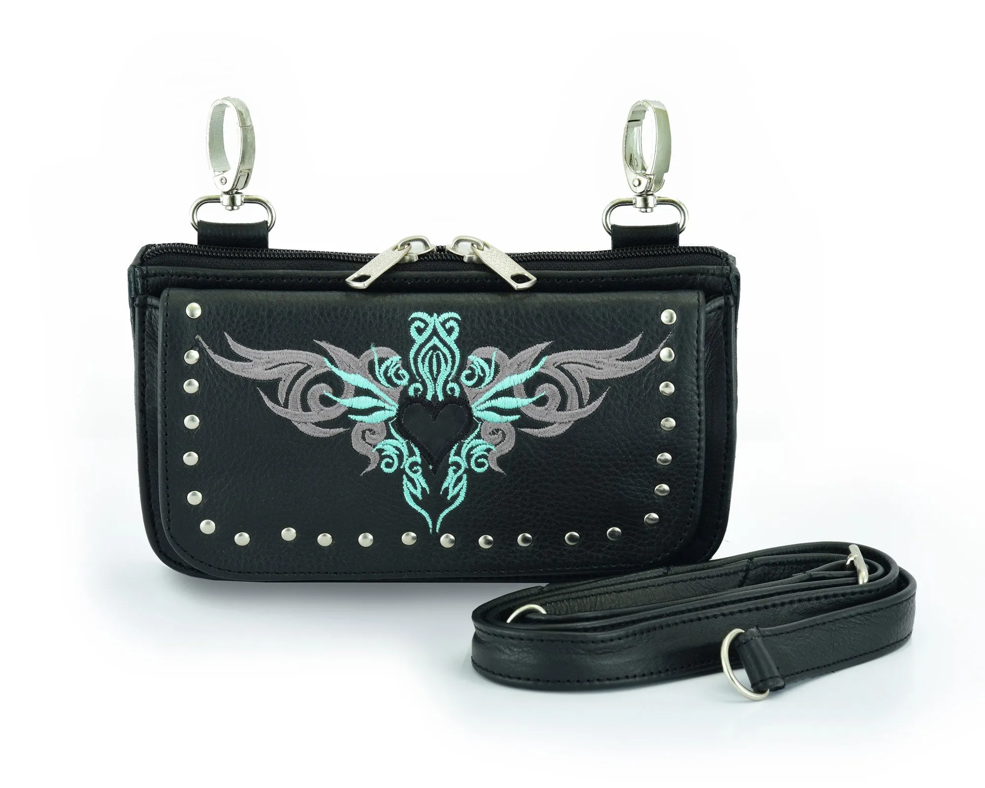 HL80156TEAL Turquoise tribal Heart Hip Clip Leather Bag Women TEAL Waist Bag Fanny Pack Motorcycle Biker TEAL