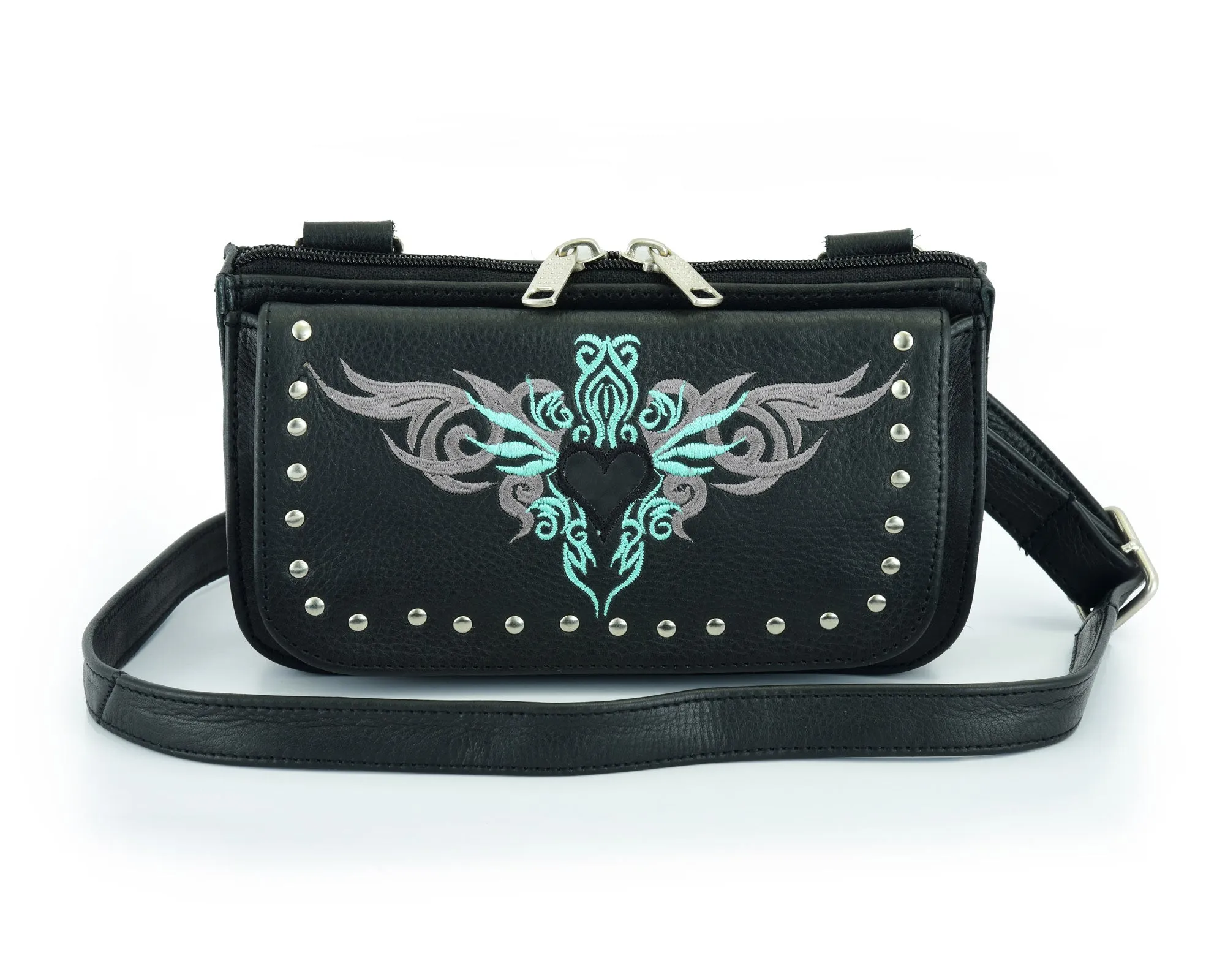 HL80156TEAL Turquoise tribal Heart Hip Clip Leather Bag Women TEAL Waist Bag Fanny Pack Motorcycle Biker TEAL
