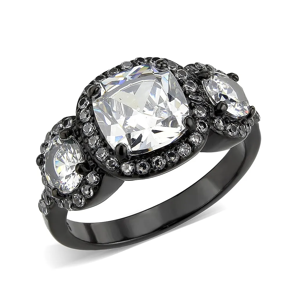 IP Black (Ion Plating) Stainless Steel Ring with AAA Grade CZ in Clear for Women Style TK3784