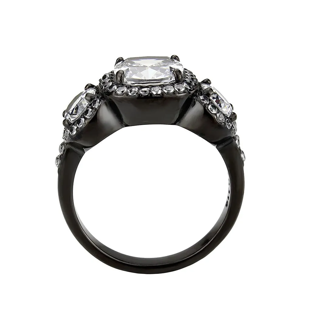IP Black (Ion Plating) Stainless Steel Ring with AAA Grade CZ in Clear for Women Style TK3784