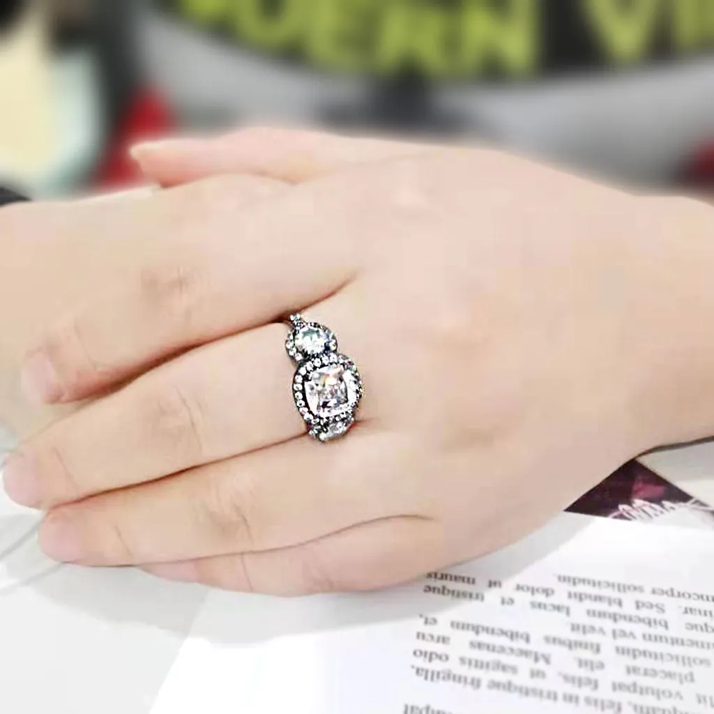 IP Black (Ion Plating) Stainless Steel Ring with AAA Grade CZ in Clear for Women Style TK3784