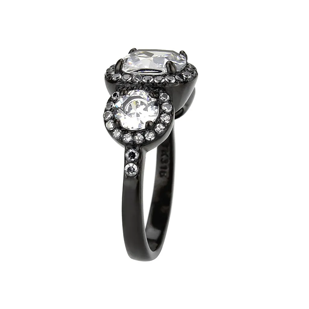 IP Black (Ion Plating) Stainless Steel Ring with AAA Grade CZ in Clear for Women Style TK3784