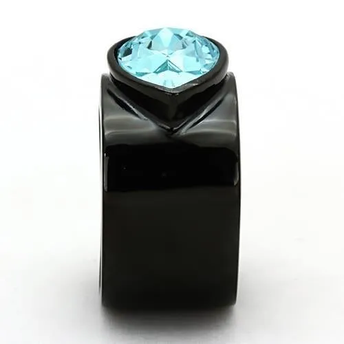 IP Black(Ion Plating) Stainless Steel Ring with Top Grade Crystal in Light Sapphire for Women Style TK1363