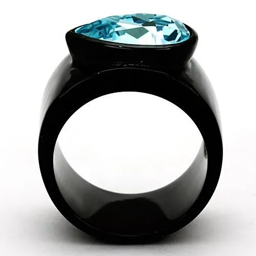 IP Black(Ion Plating) Stainless Steel Ring with Top Grade Crystal in Light Sapphire for Women Style TK1363