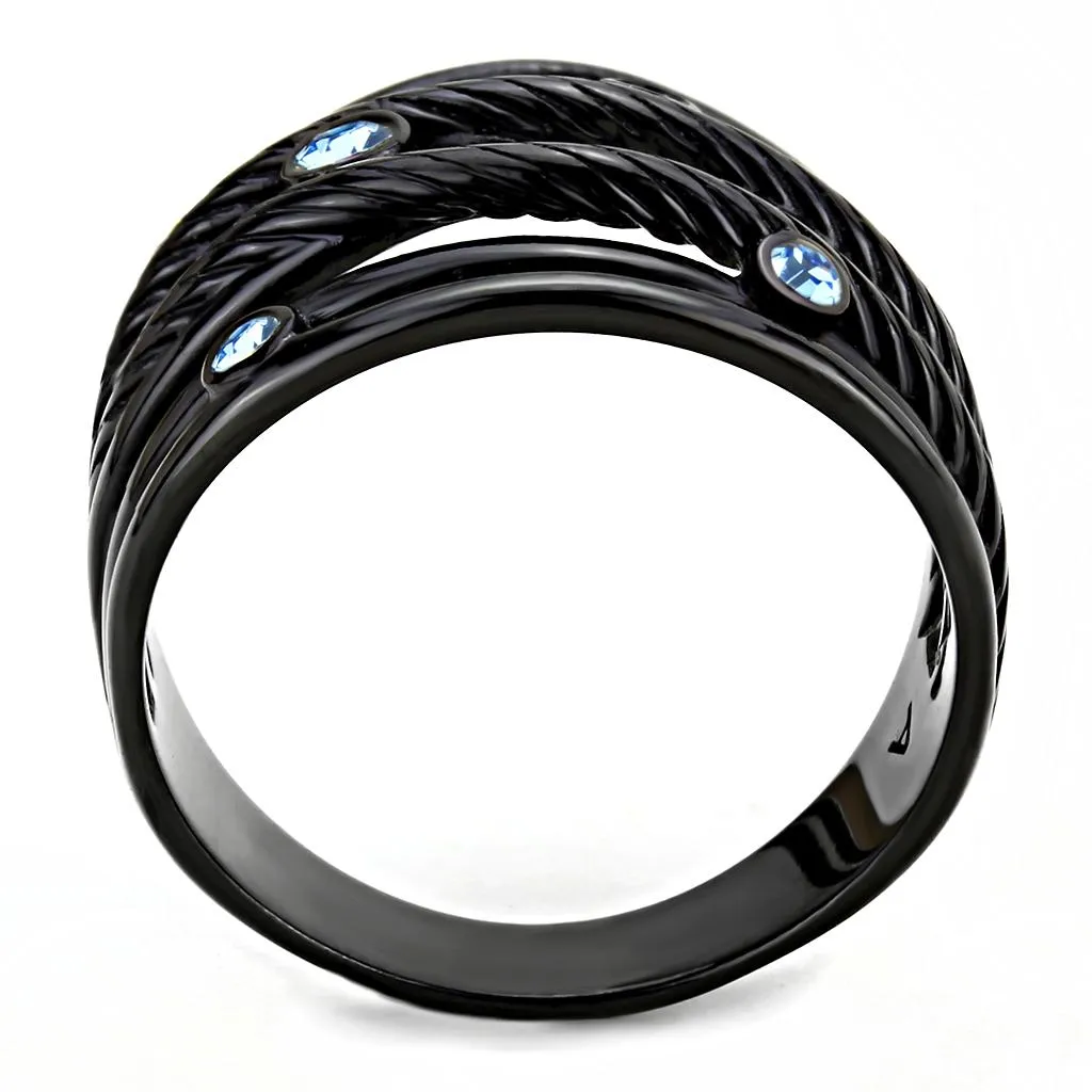 IP Black(Ion Plating) Stainless Steel Ring with Top Grade Crystal in Sea Blue for Women Style TK3564