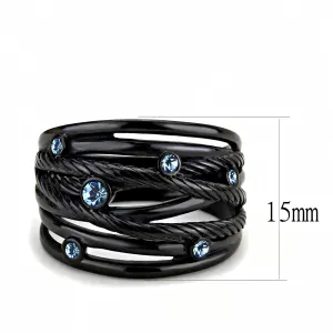 IP Black(Ion Plating) Stainless Steel Ring with Top Grade Crystal in Sea Blue for Women Style TK3564