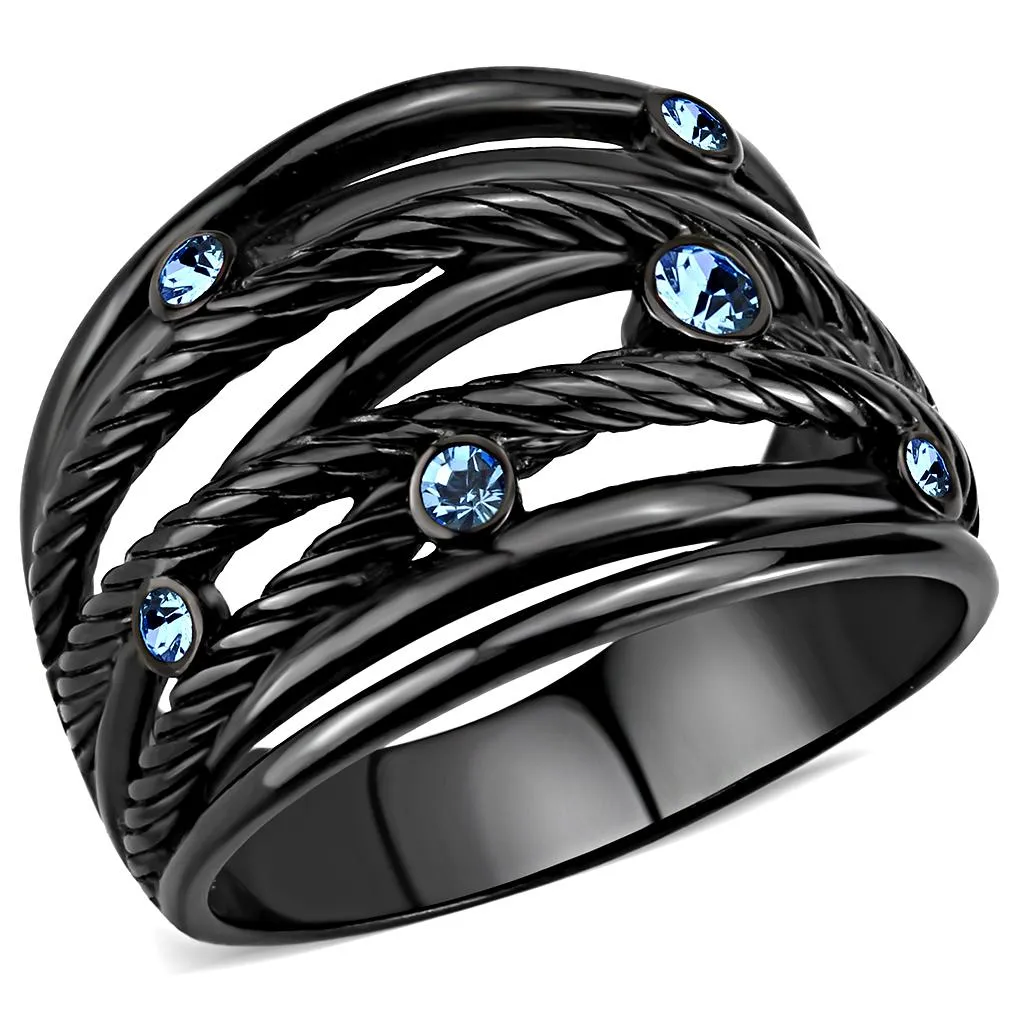IP Black(Ion Plating) Stainless Steel Ring with Top Grade Crystal in Sea Blue for Women Style TK3564