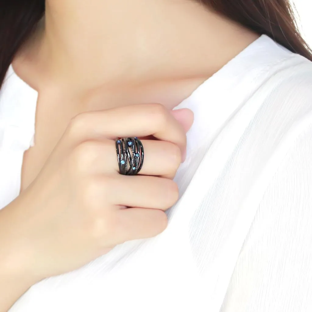 IP Black(Ion Plating) Stainless Steel Ring with Top Grade Crystal in Sea Blue for Women Style TK3564
