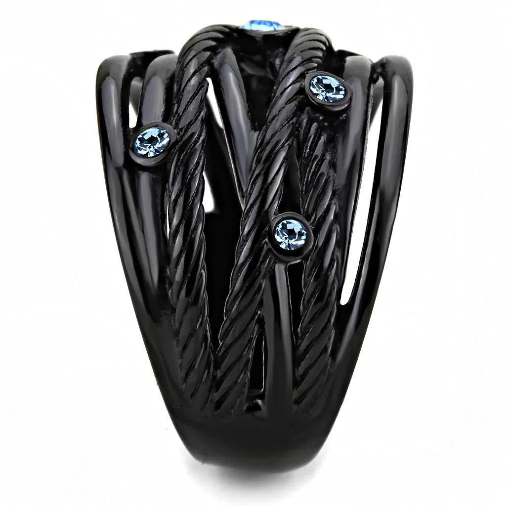 IP Black(Ion Plating) Stainless Steel Ring with Top Grade Crystal in Sea Blue for Women Style TK3564