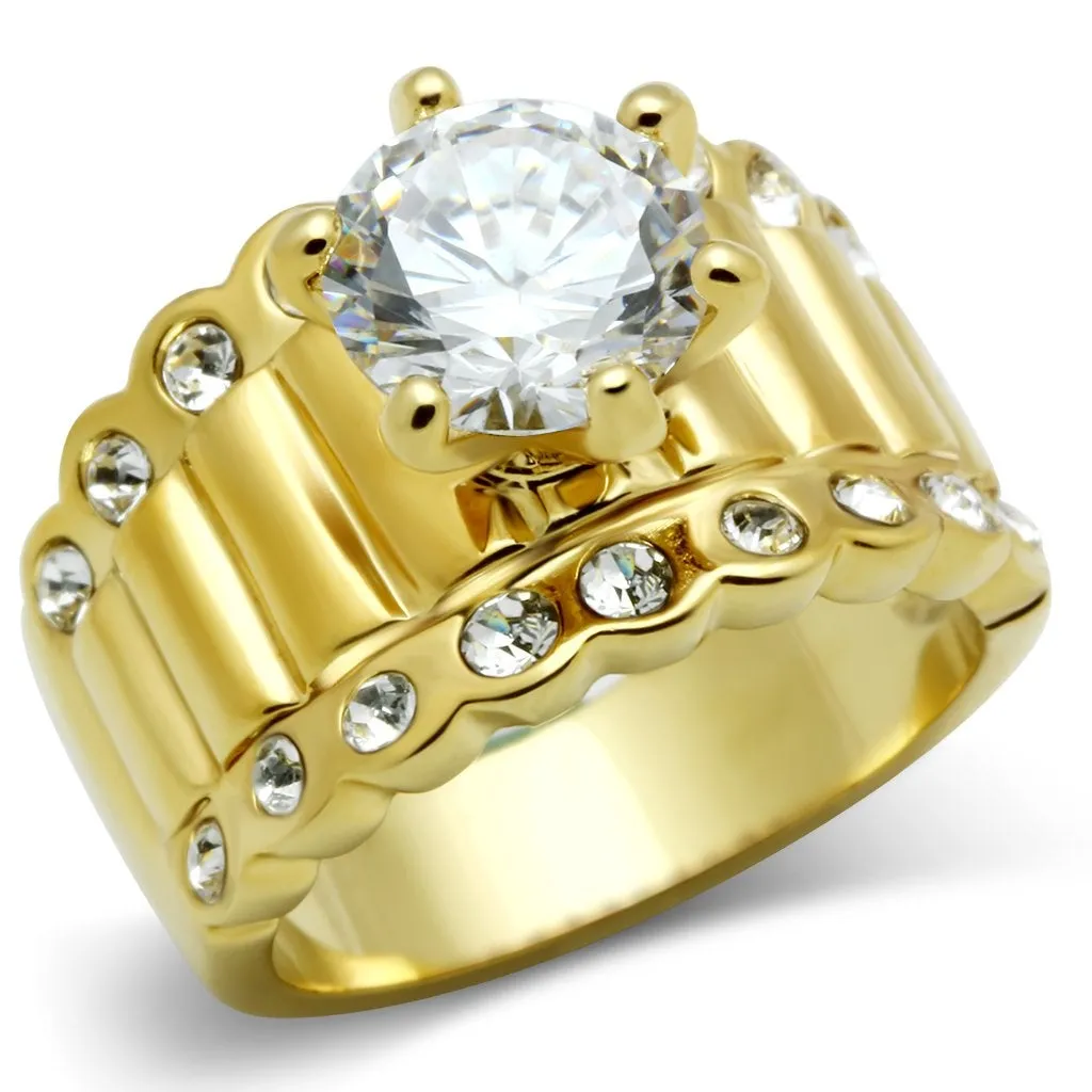 IP Gold(Ion Plating) Brass Ring with AAA Grade CZ in Clear for Women Style GL095