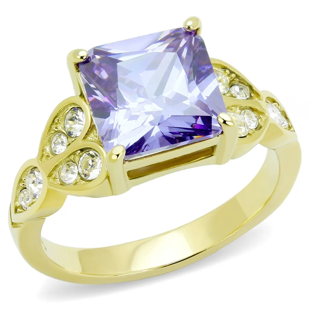 IP Gold(Ion Plating) Stainless Steel Ring with AAA Grade CZ in Light Amethyst for Women Style TK3125