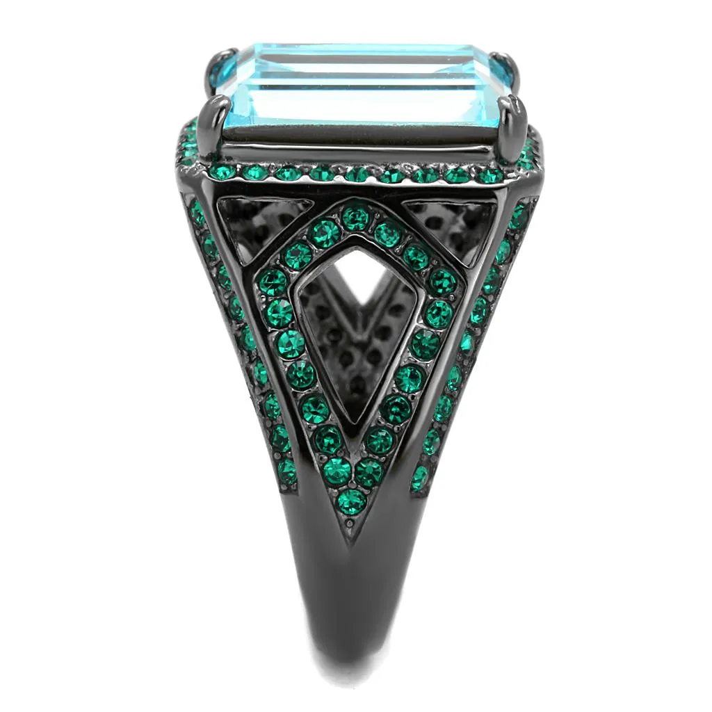 IP Light Black (IP Gun) Stainless Steel Ring with Top Grade Crystal in Sea Blue for Women Style TK2988