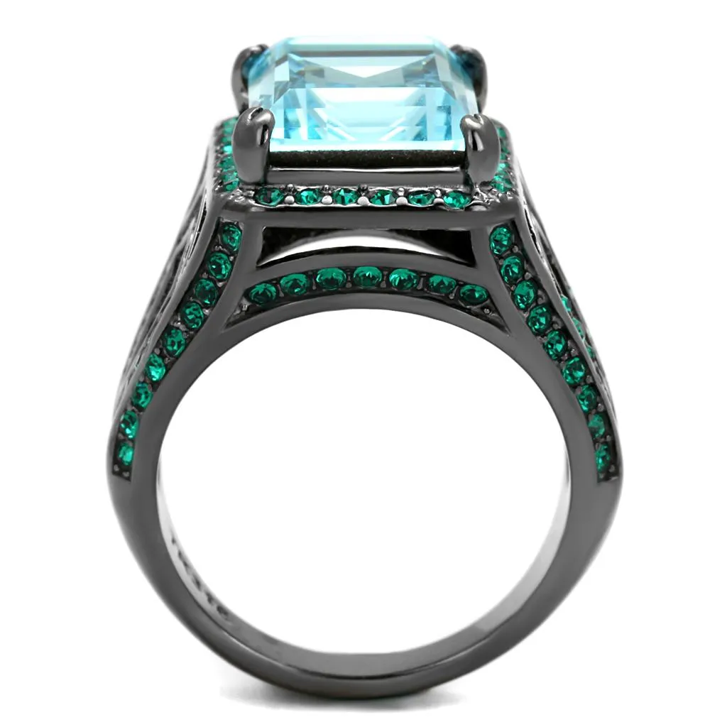 IP Light Black (IP Gun) Stainless Steel Ring with Top Grade Crystal in Sea Blue for Women Style TK2988