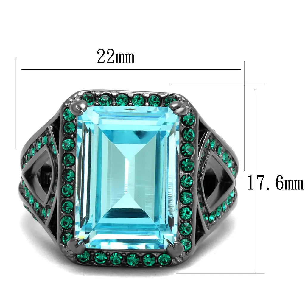 IP Light Black (IP Gun) Stainless Steel Ring with Top Grade Crystal in Sea Blue for Women Style TK2988