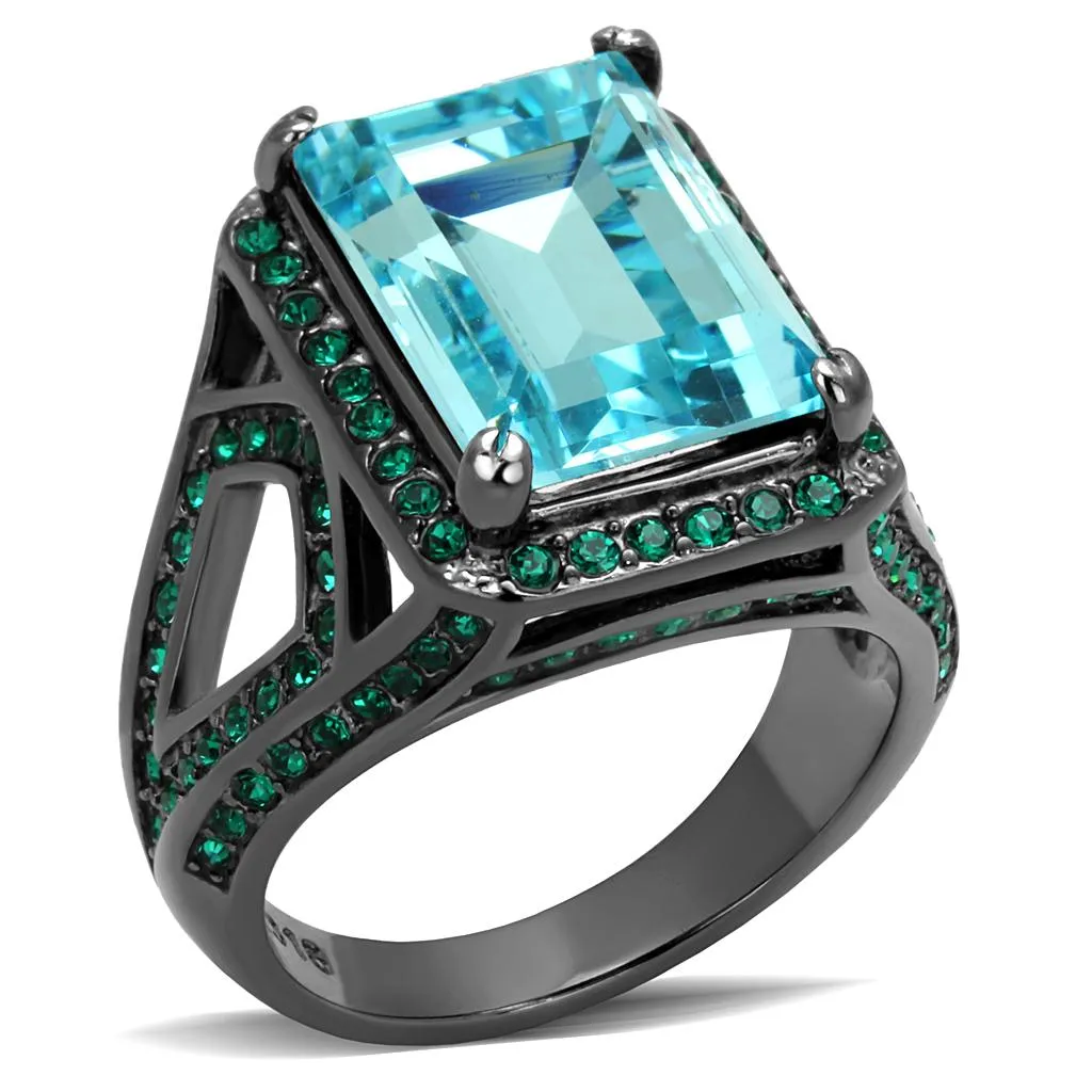 IP Light Black (IP Gun) Stainless Steel Ring with Top Grade Crystal in Sea Blue for Women Style TK2988