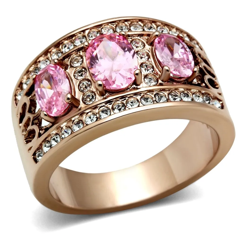 IP Rose Gold(Ion Plating) Brass Ring with AAA Grade CZ in Rose for Women Style GL244