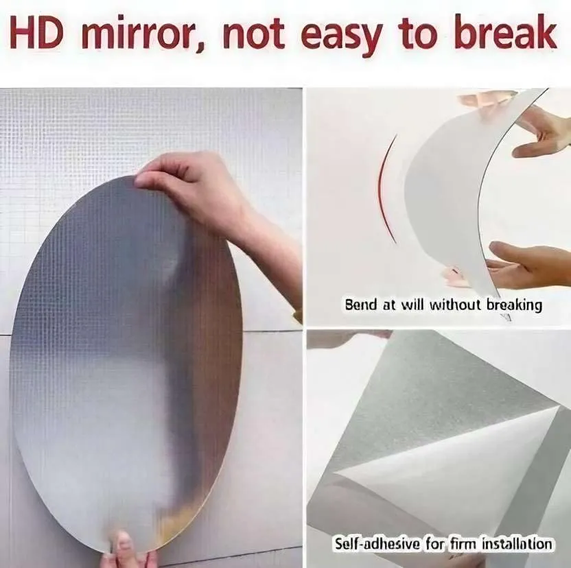 IRQA Oval Shape Adhesive Mirror Sticker for Wall on Tiles Bathroom Bedroom Living Room Basin Mirror Bathroom Wall Mirror Stickers Unbreakable Plastic Vanity Mirror, Makeup Mirror (Style_58