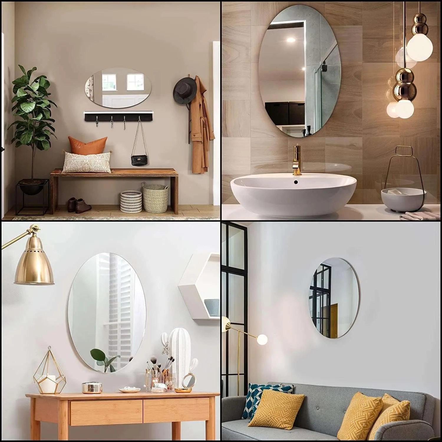 IRQA Oval Shape Adhesive Mirror Sticker for Wall on Tiles Bathroom Bedroom Living Room Basin Mirror Bathroom Wall Mirror Stickers Unbreakable Plastic Vanity Mirror, Makeup Mirror (Style_58