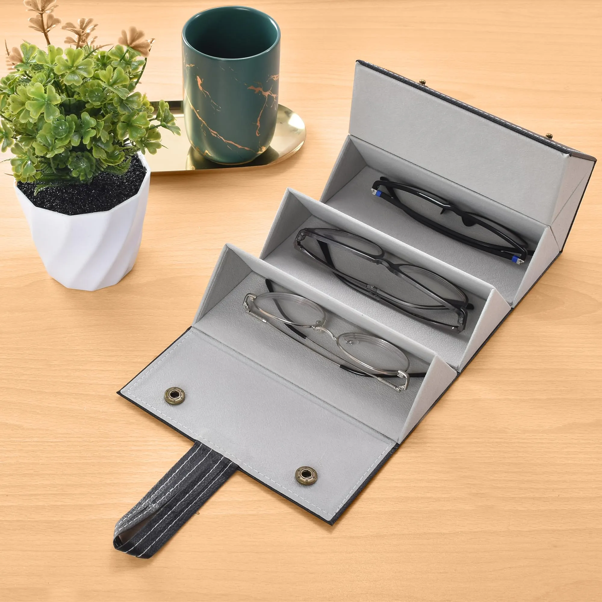 Kuber Industries 5 Slots Sunglasses Organizer | Hanging And Foldable Eyeglasses Case | Eyewear Display Containers For Women And Men | PU Leather Goggles Organizer Box Case | Black | Pack of 2