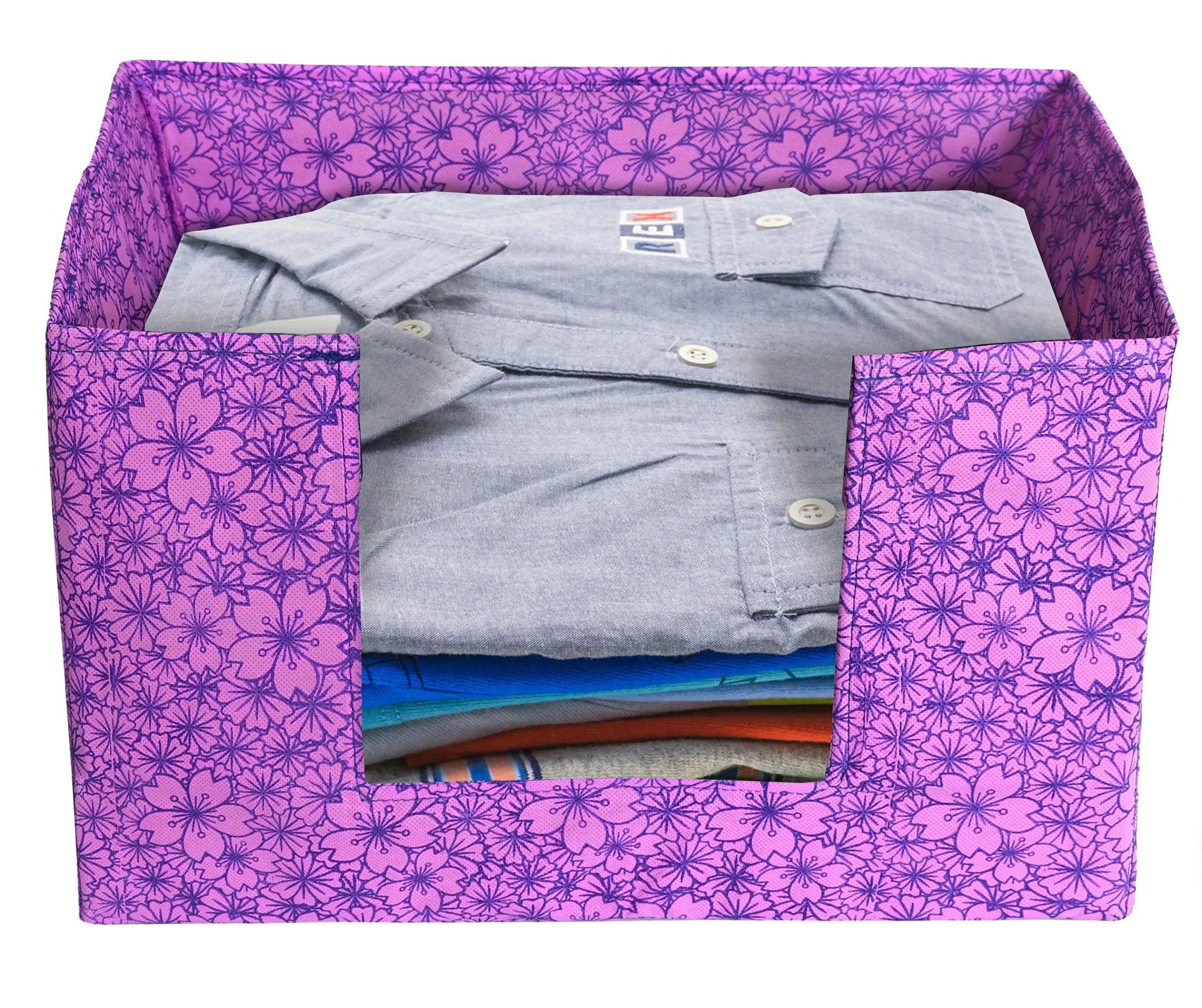 Kuber Industries Metalic Flower Print 2 Pieces Large Capacity Space Saver Closet, Non-Woven Rectangle Cloth Saree Stacker Wardrobe Organizer (Pink & Purple)