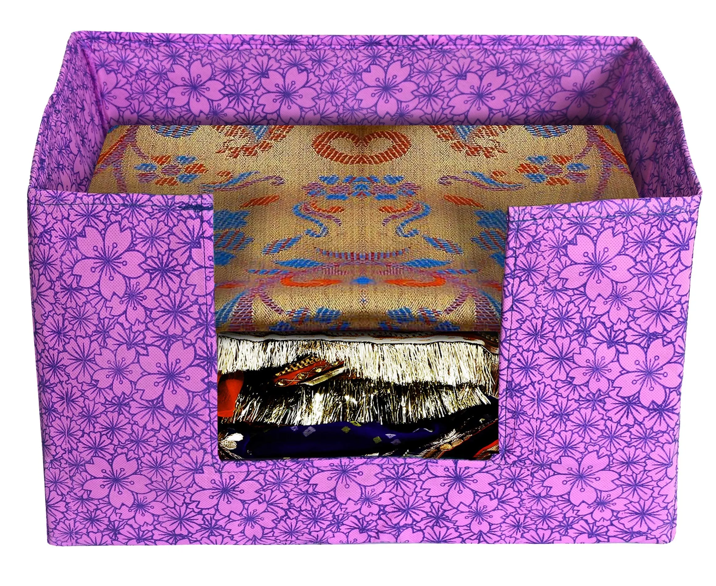 Kuber Industries Metalic Flower Print 2 Pieces Large Capacity Space Saver Closet, Non-Woven Rectangle Cloth Saree Stacker Wardrobe Organizer (Pink & Purple)