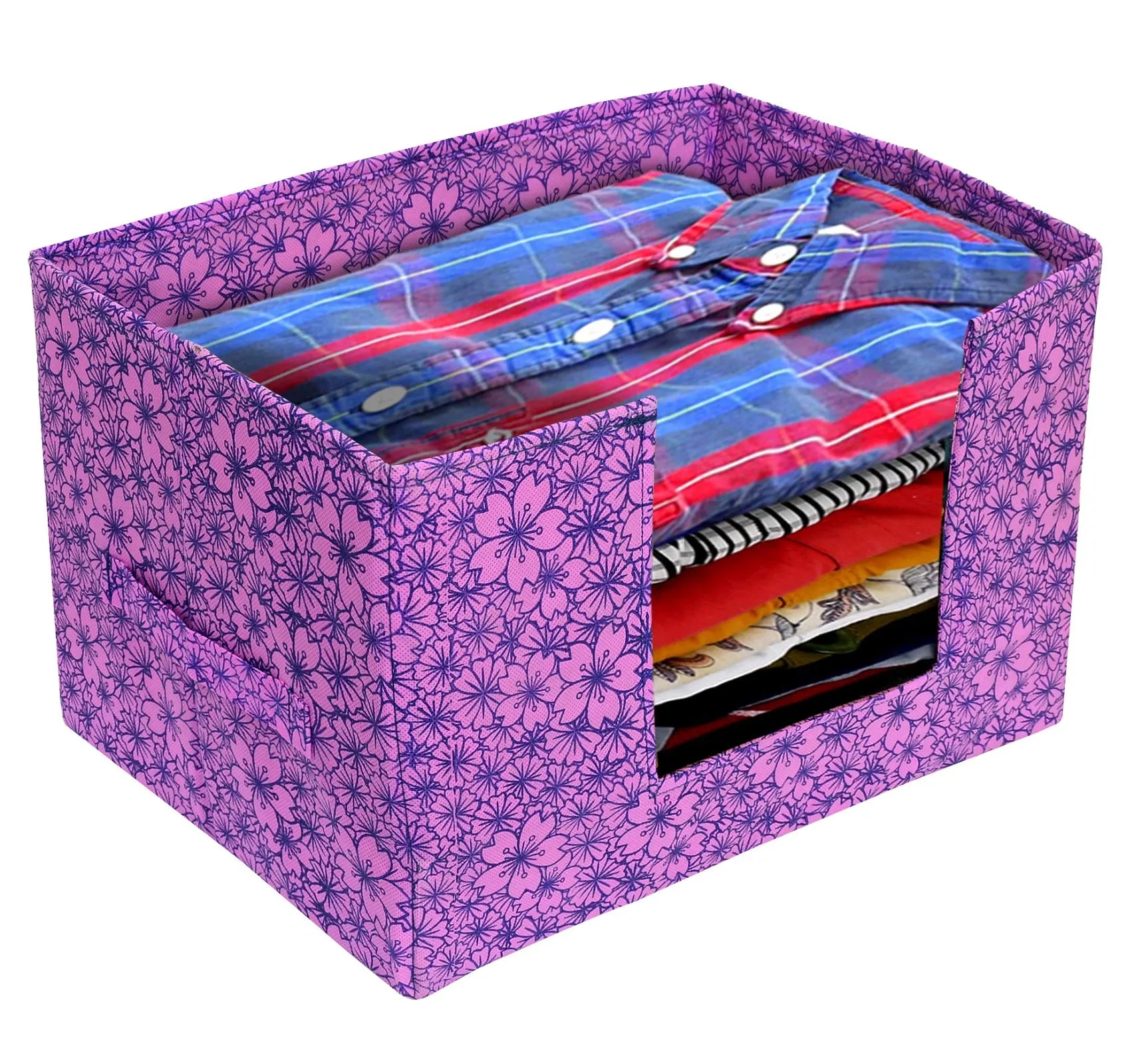 Kuber Industries Metalic Flower Print 2 Pieces Large Capacity Space Saver Closet, Non-Woven Rectangle Cloth Saree Stacker Wardrobe Organizer (Pink & Purple)