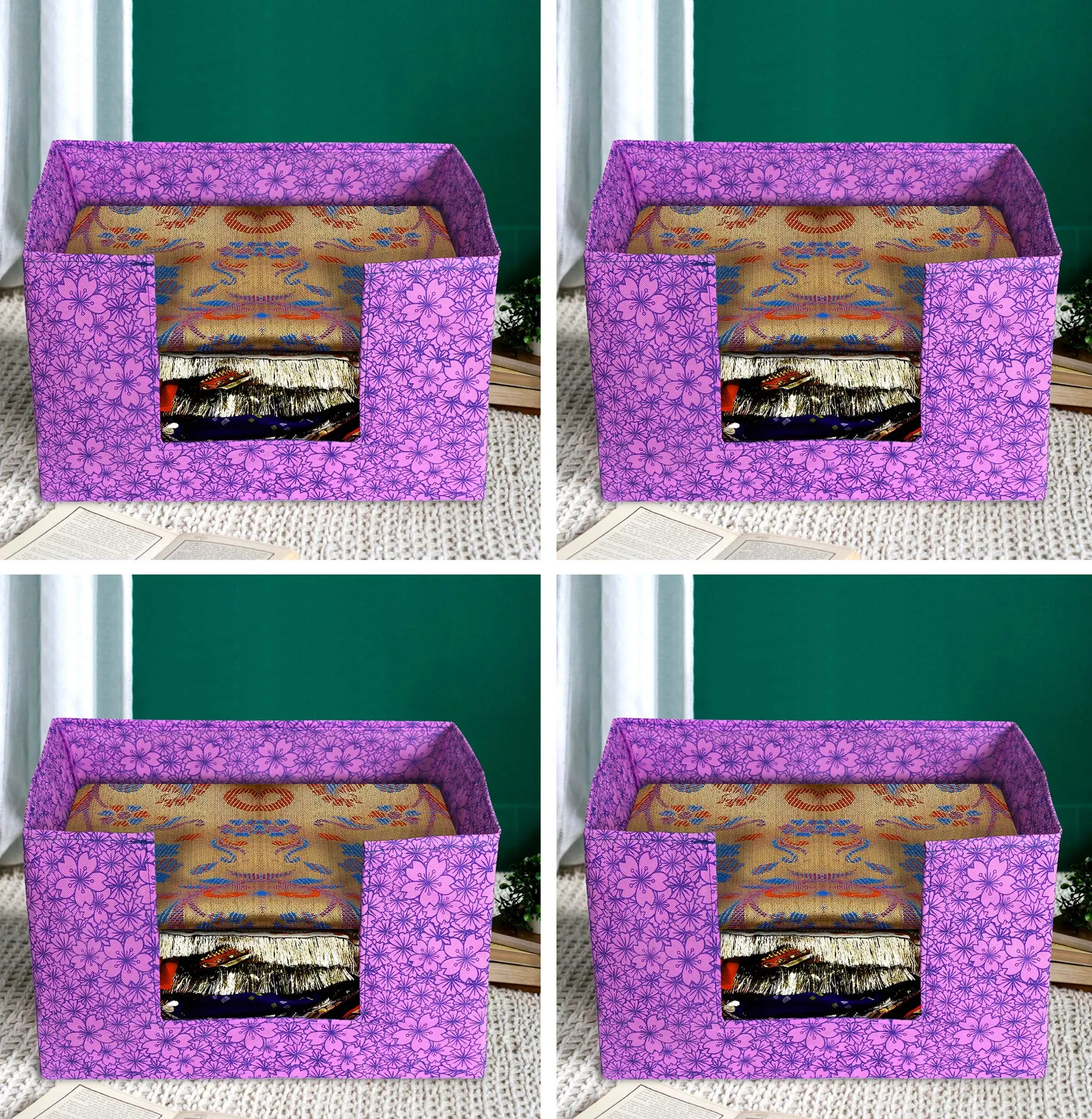 Kuber Industries Metalic Flower Print 2 Pieces Large Capacity Space Saver Closet, Non-Woven Rectangle Cloth Saree Stacker Wardrobe Organizer (Pink & Purple)