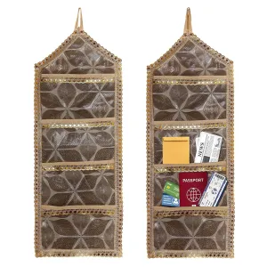 Kuber Industries Paper Holder | Foldable Hanging Organizer | PVC Shining Leaf Design Document Holder | Wall Hanging Organizer with 3 Pocket | Pack of 2 | Golden