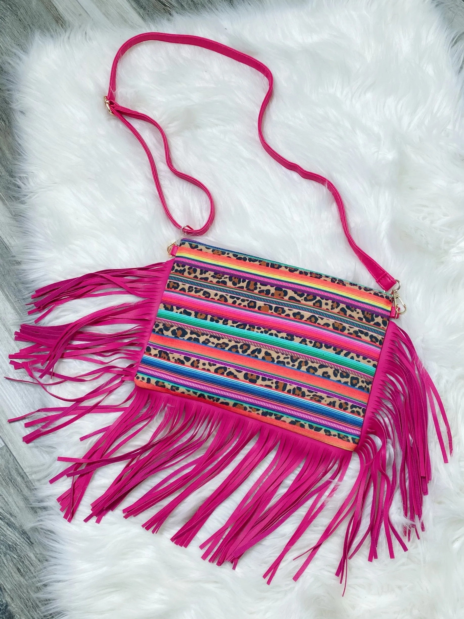 Leopard Serape Hot Pink Fringe Crossbody Bag