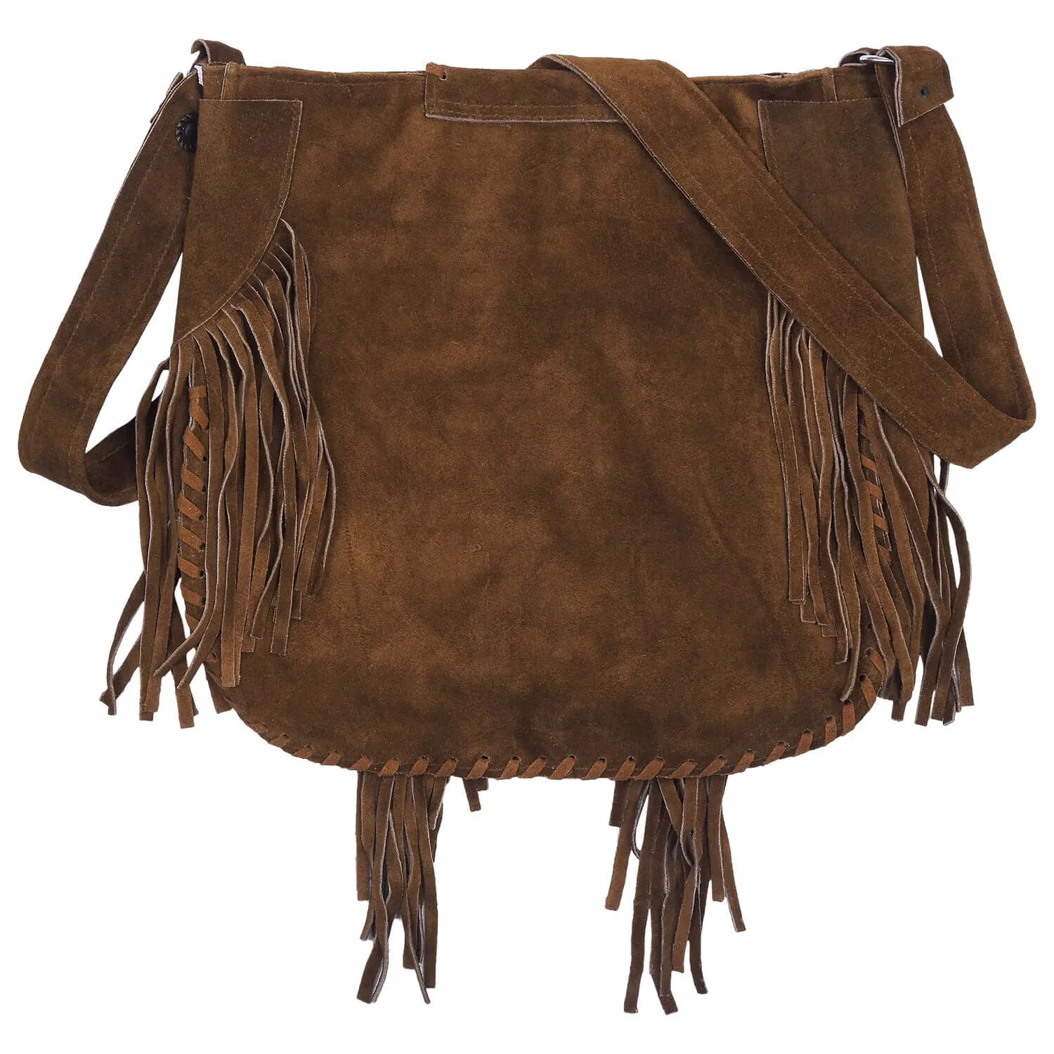 Lesa Collection Suede Leather Bohemian Style Fringe Crossbody Purse for Women with Decorative Studs and Beaded Accent