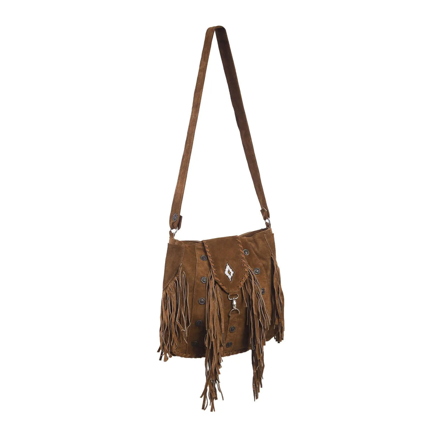 Lesa Collection Suede Leather Bohemian Style Fringe Crossbody Purse for Women with Decorative Studs and Beaded Accent