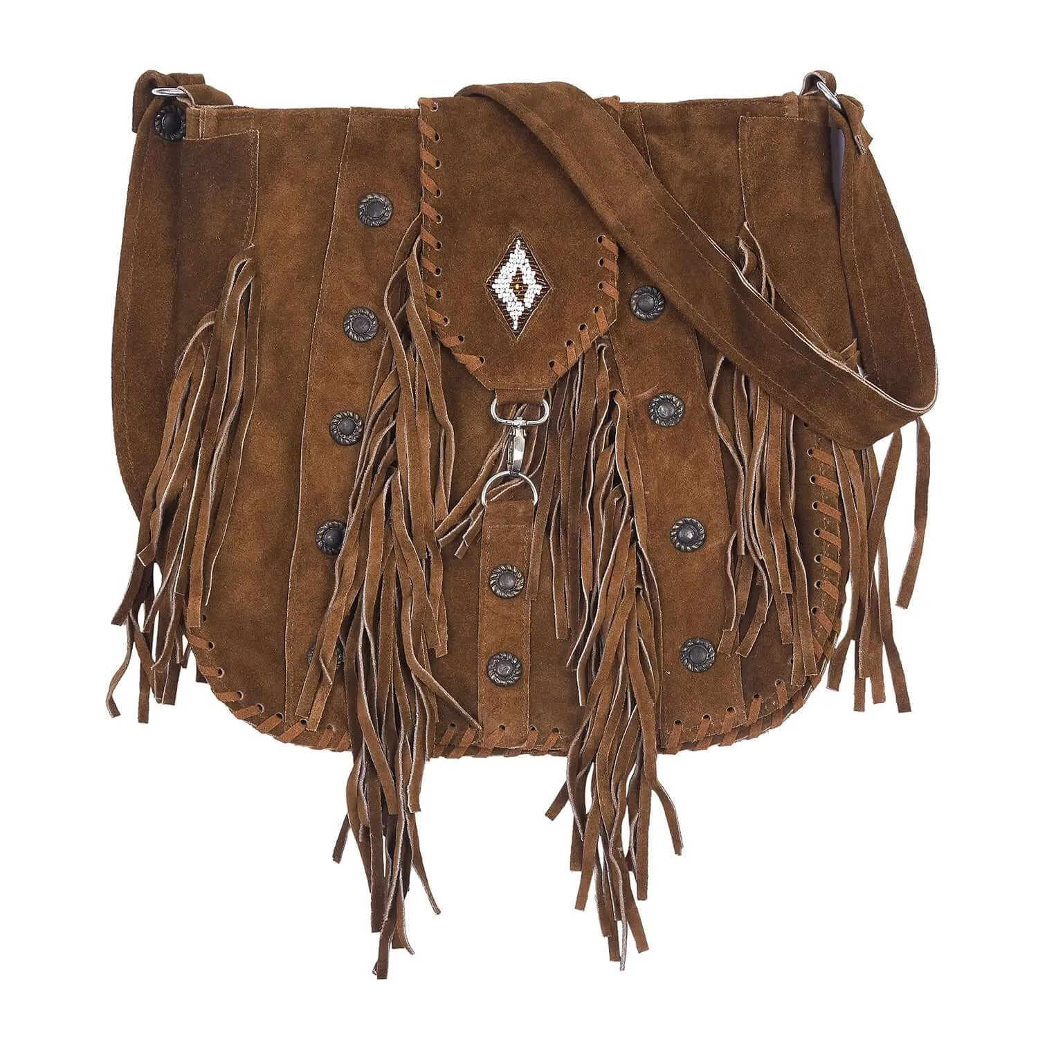 Lesa Collection Suede Leather Bohemian Style Fringe Crossbody Purse for Women with Decorative Studs and Beaded Accent