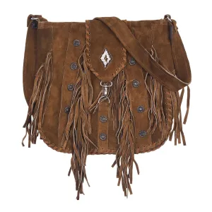 Lesa Collection Suede Leather Bohemian Style Fringe Crossbody Purse for Women with Decorative Studs and Beaded Accent