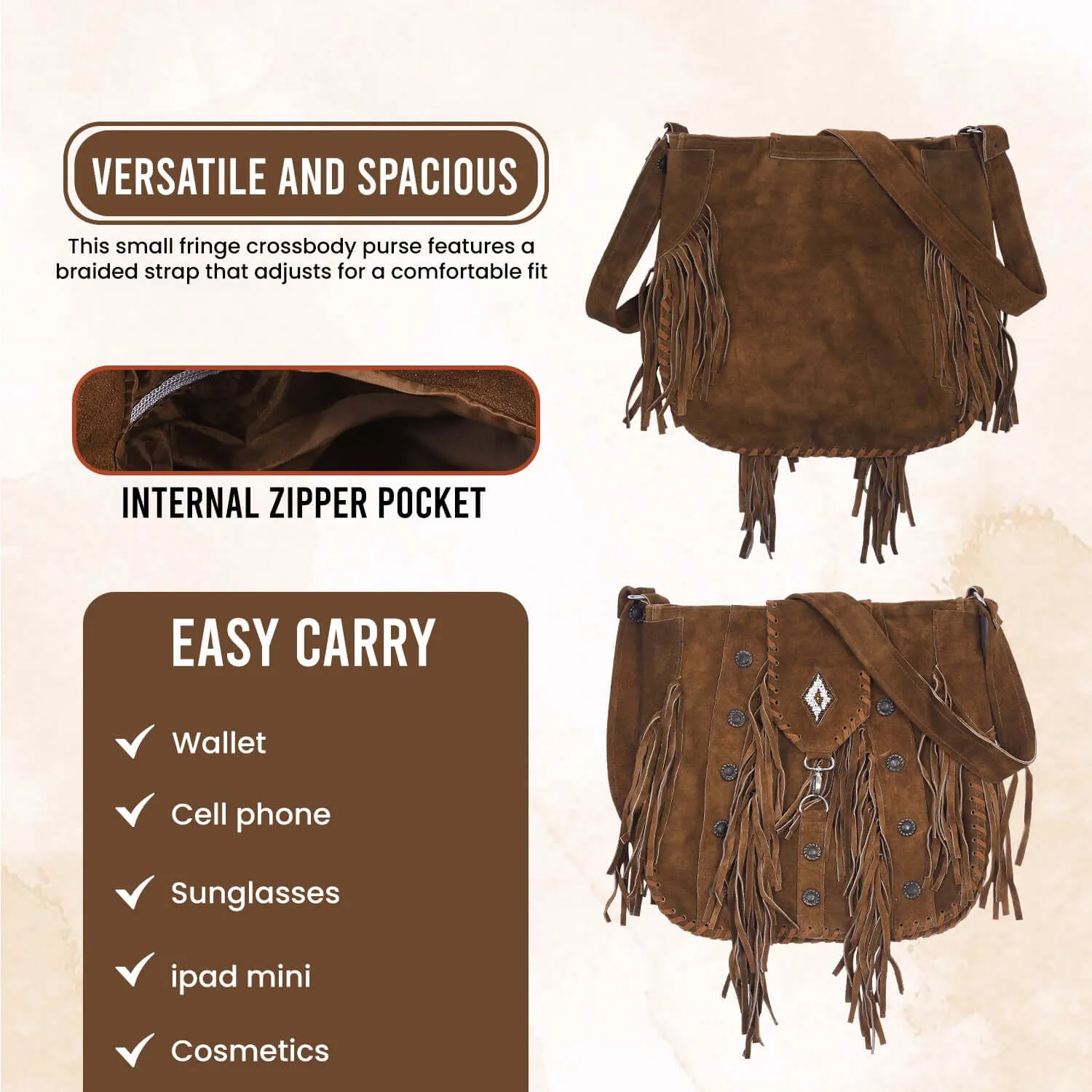 Lesa Collection Suede Leather Bohemian Style Fringe Crossbody Purse for Women with Decorative Studs and Beaded Accent