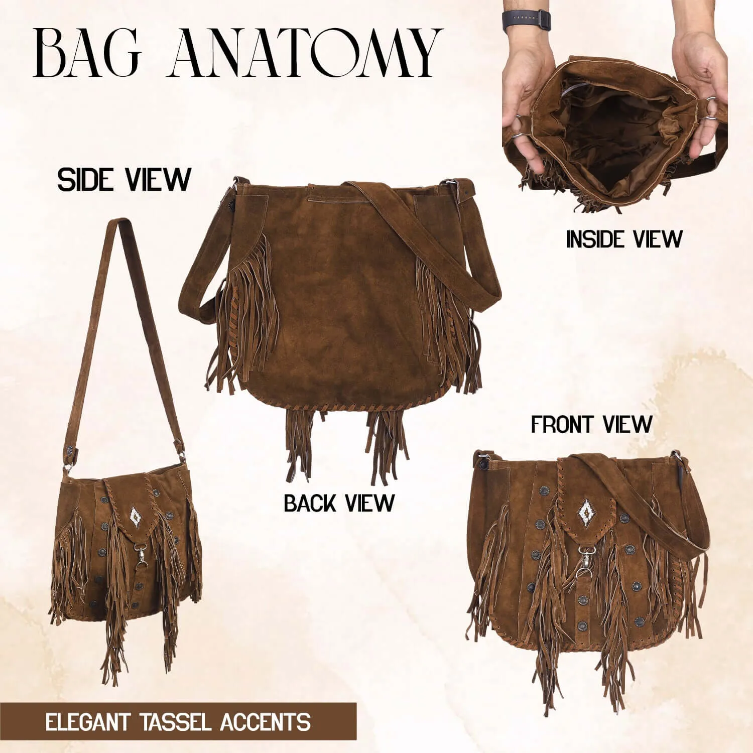 Lesa Collection Suede Leather Bohemian Style Fringe Crossbody Purse for Women with Decorative Studs and Beaded Accent