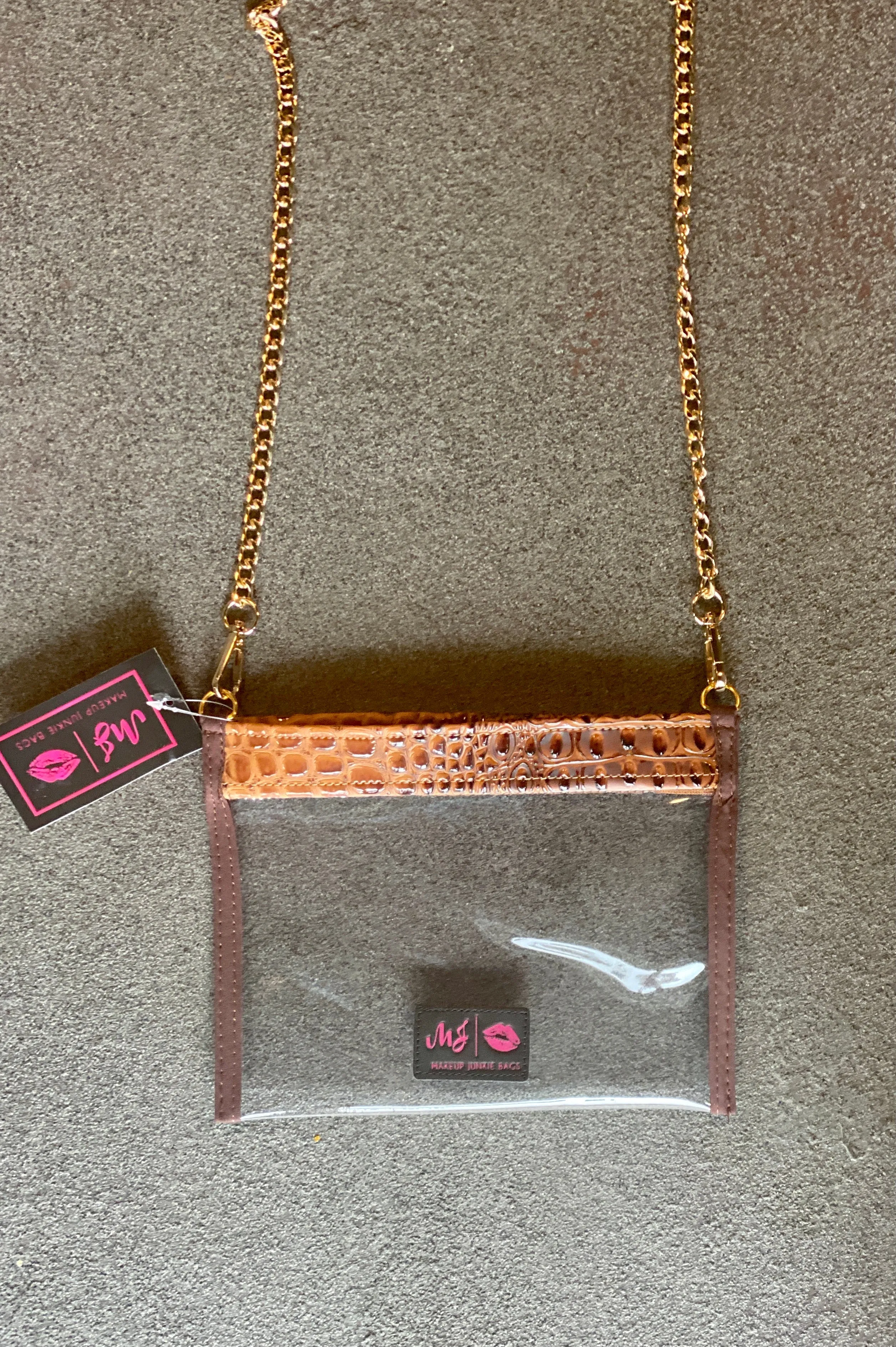 Makeup Junkie In the Clear COGNAC BUBBLE GATOR Crossbody