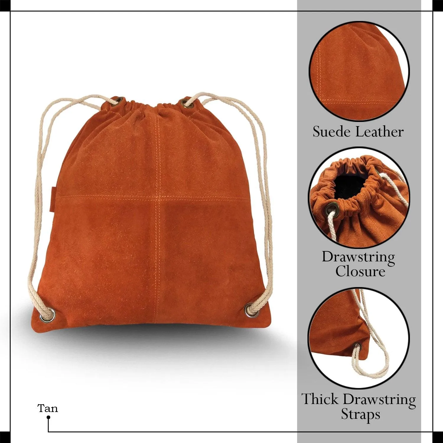 MANDAVA Suede Leather Drawstring Backpack Unisex Sack Cinch School/College/Gym Bag (Tan)