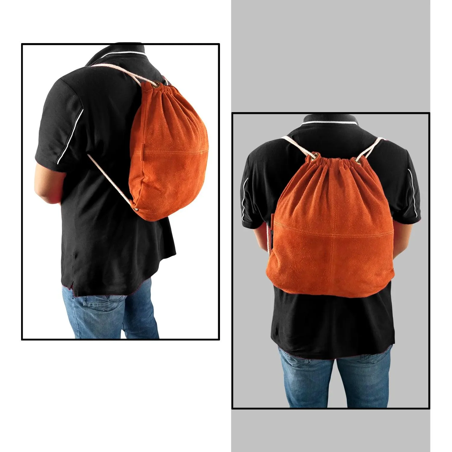 MANDAVA Suede Leather Drawstring Backpack Unisex Sack Cinch School/College/Gym Bag (Tan)