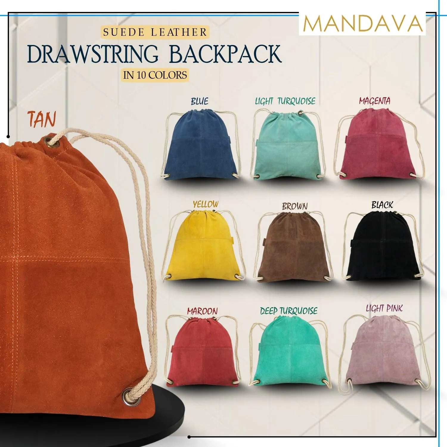 MANDAVA Suede Leather Drawstring Backpack Unisex Sack Cinch School/College/Gym Bag (Tan)