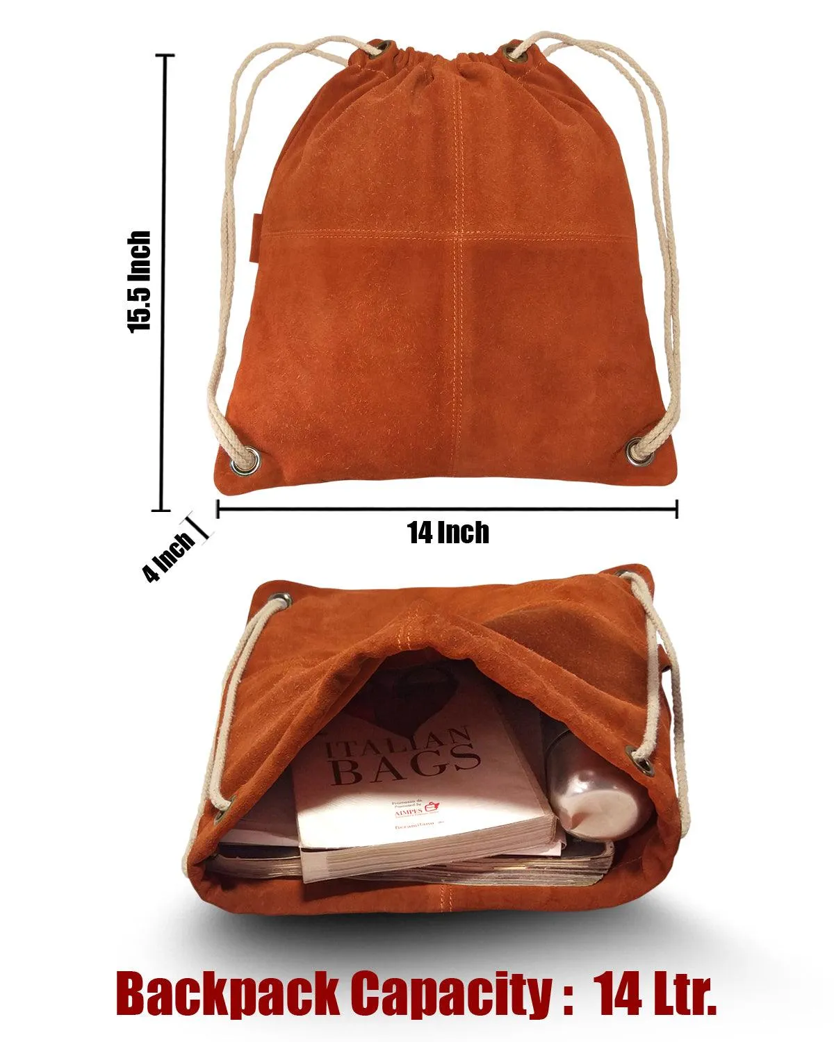 MANDAVA Suede Leather Drawstring Backpack Unisex Sack Cinch School/College/Gym Bag (Tan)