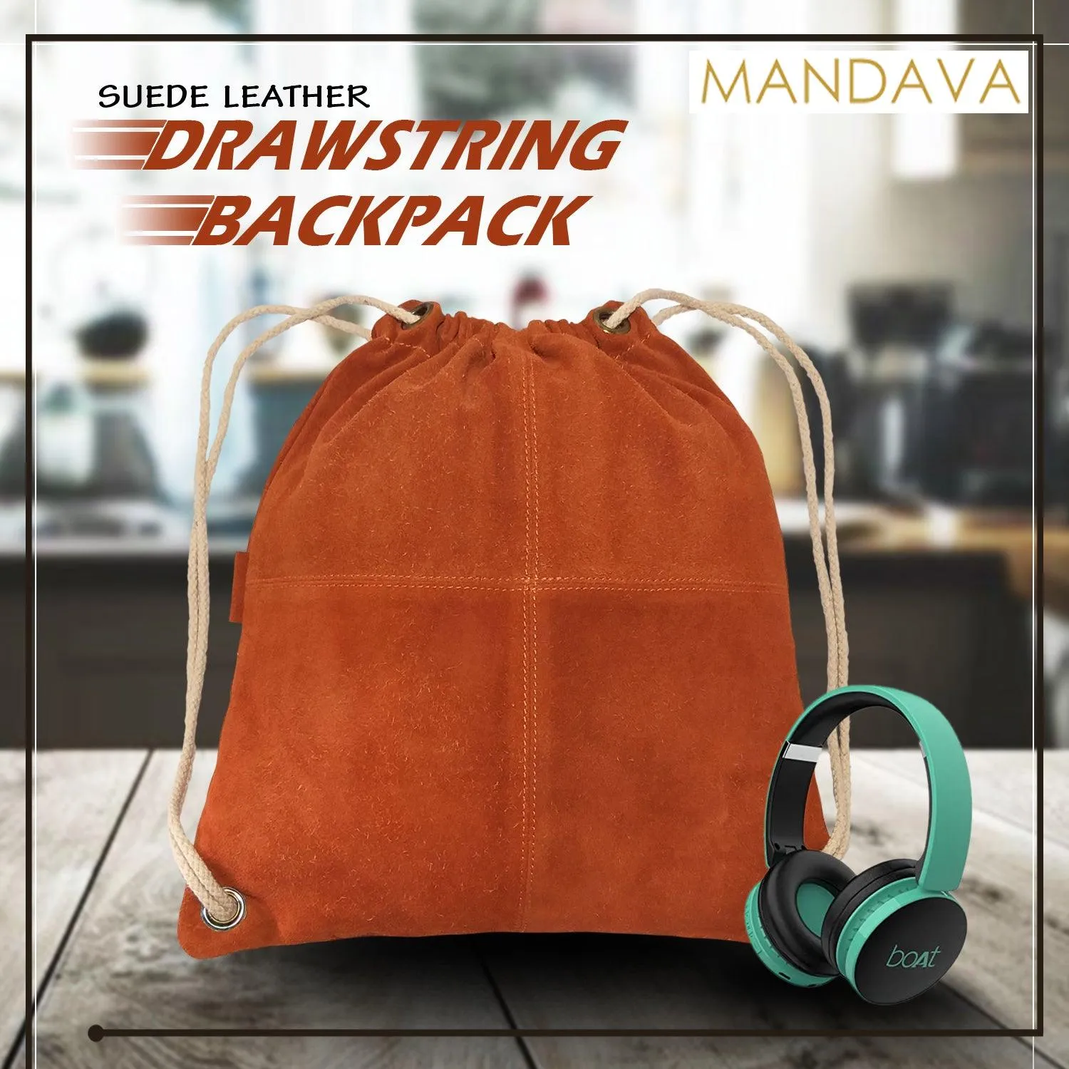 MANDAVA Suede Leather Drawstring Backpack Unisex Sack Cinch School/College/Gym Bag (Tan)