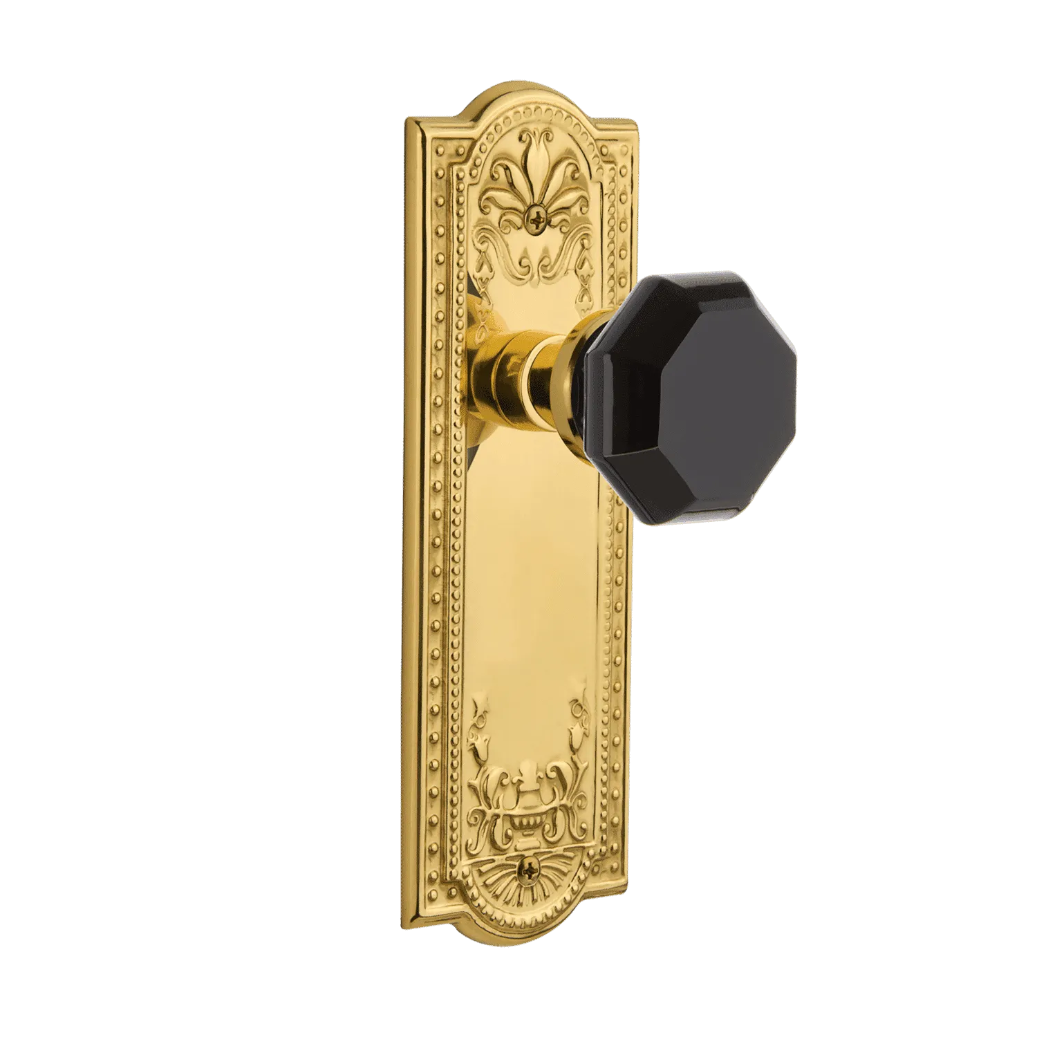 Meadows Long Plate with Black Waldorf Knob in Polished Brass