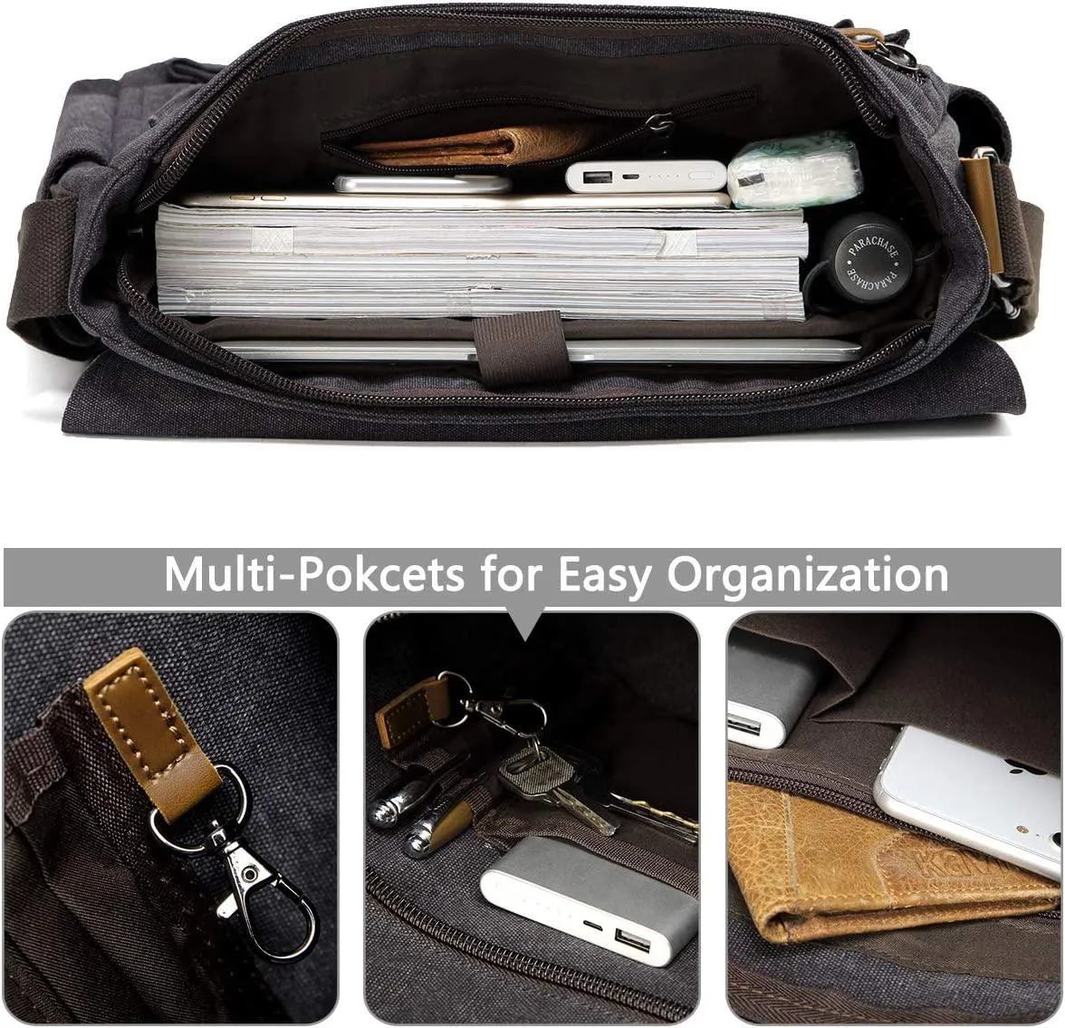 Messenger Bag for Men, VASCHY Vintage Water Resistant Waxed Canvas Satchel 15.6 inch Laptop Briefcase Shoulder Bag with Padded Shoulder Strap Gray