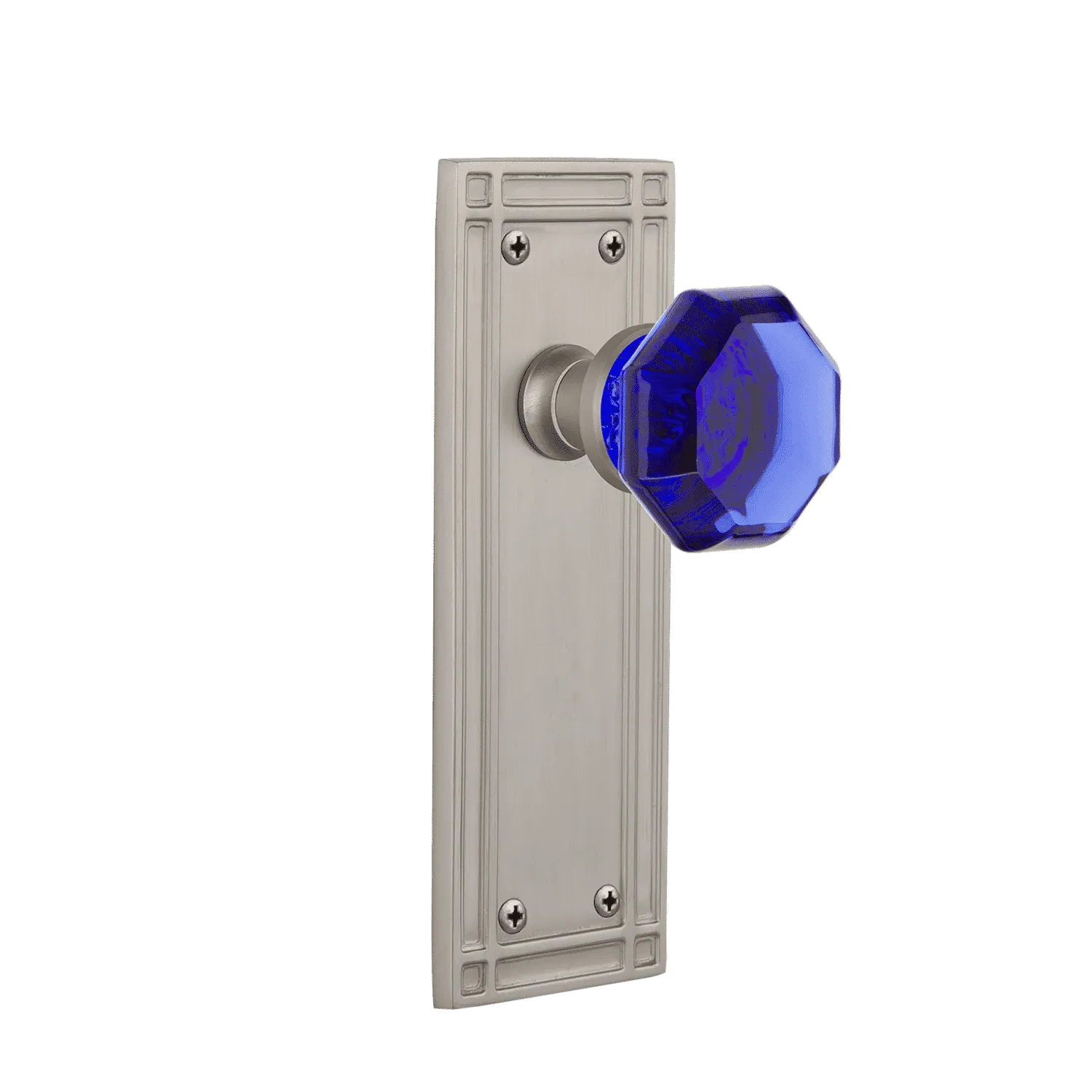 Mission Long Plate with Cobalt Waldorf Knob in Satin Nickel