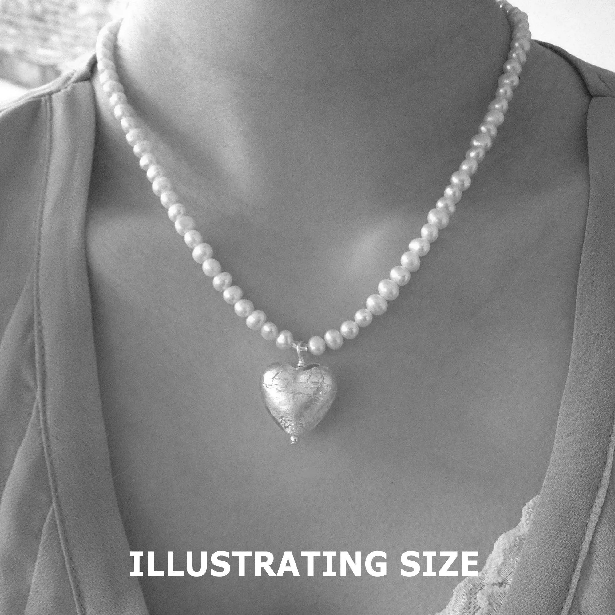 Necklace with rose pink (cerise) Murano glass medium heart pendant on white pearls