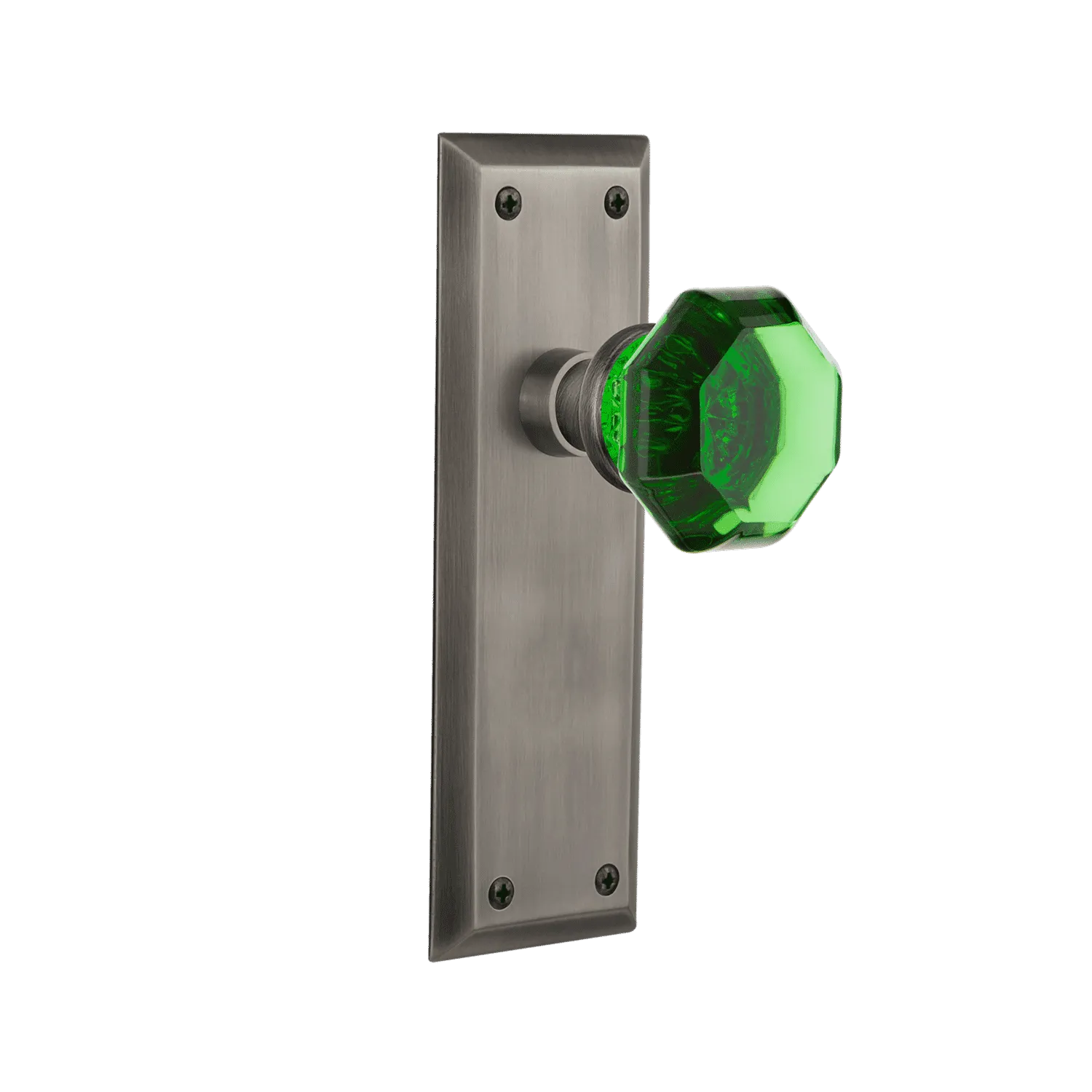 New York Long Plate with Emerald Waldorf Knob in Antique Pewter