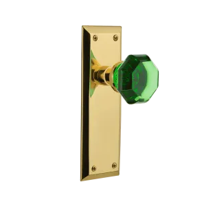 New York Long Plate with Emerald Waldorf Knob in Unlacquered Brass